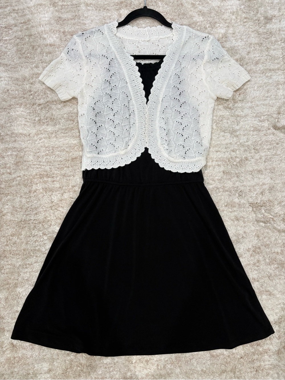 Banana Republic Black Halter Neck Dress with White Crochet Knit Shrug Cardigan